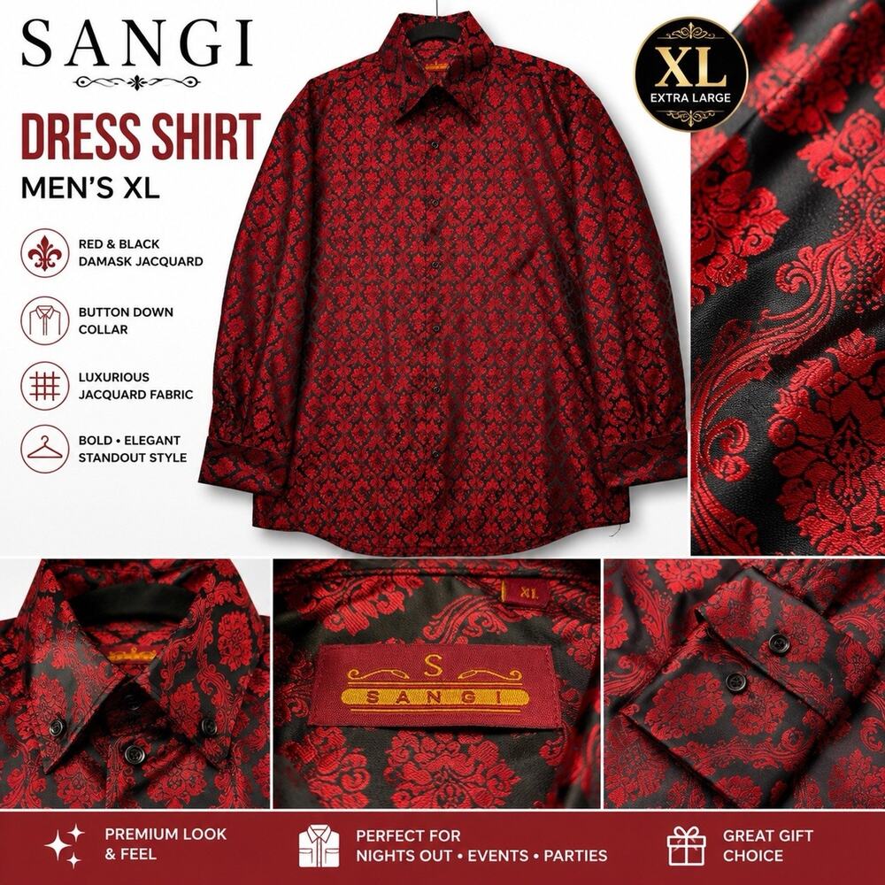 Sangi Dress Shirt Men XL Red Black Damask Baroque Button Down Jacquard